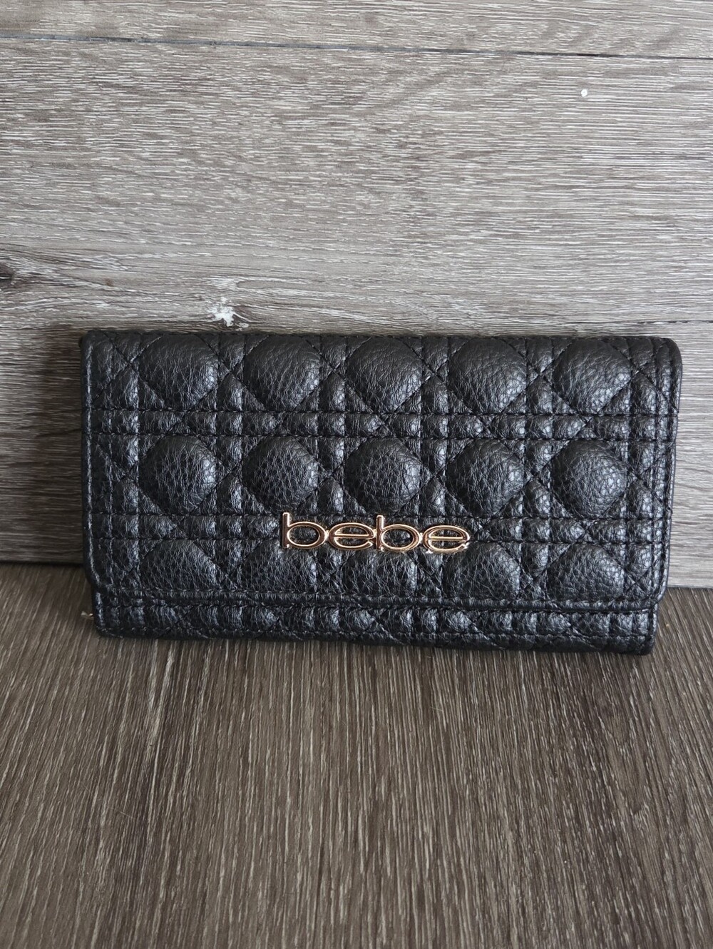bebe Quilted Black Leather Wallet with Logo